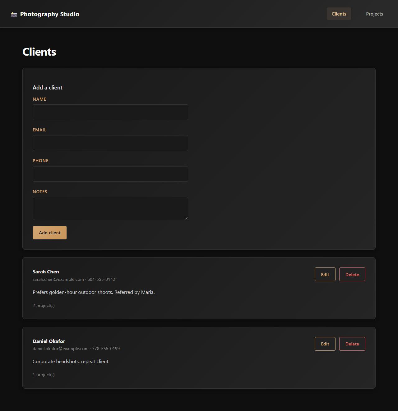 Clients page in the photographer's dashboard