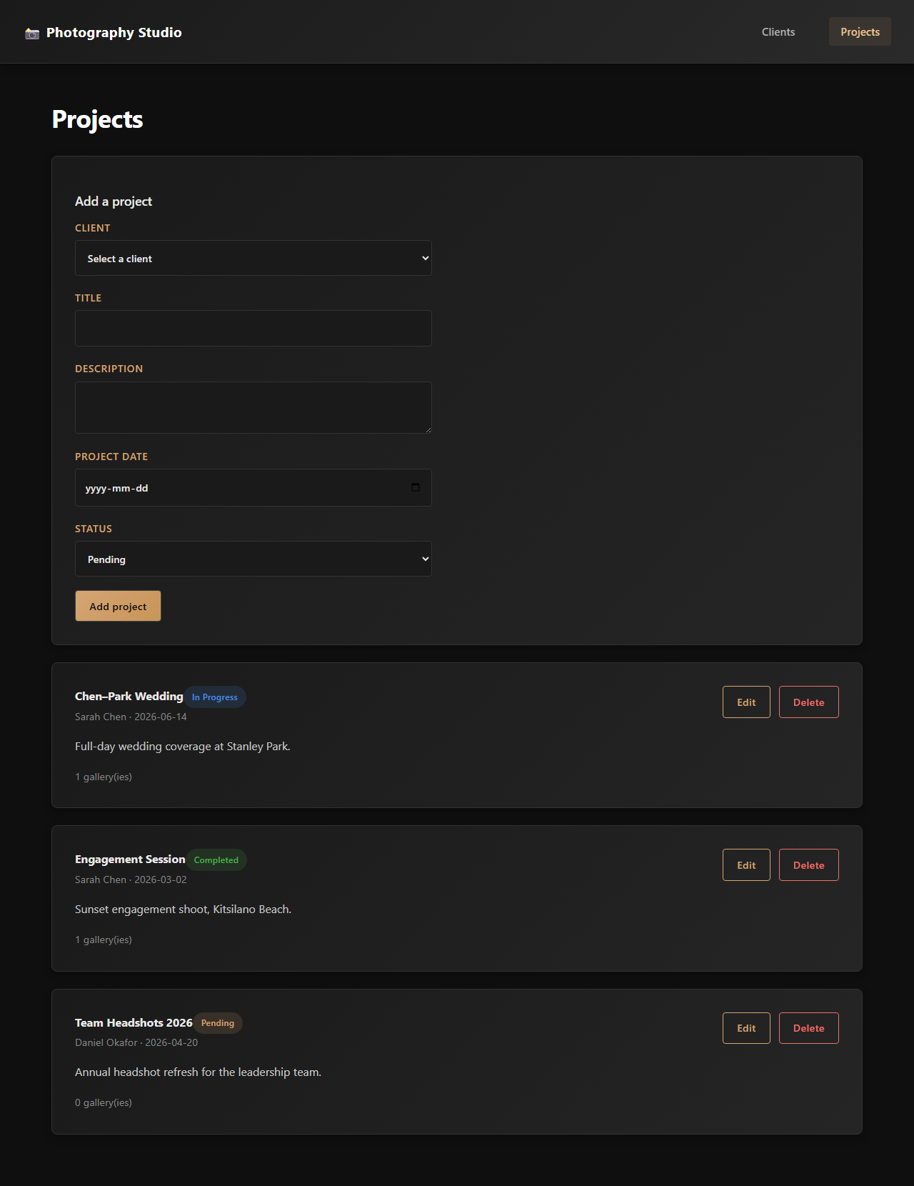 Projects page listing shoots by client and status